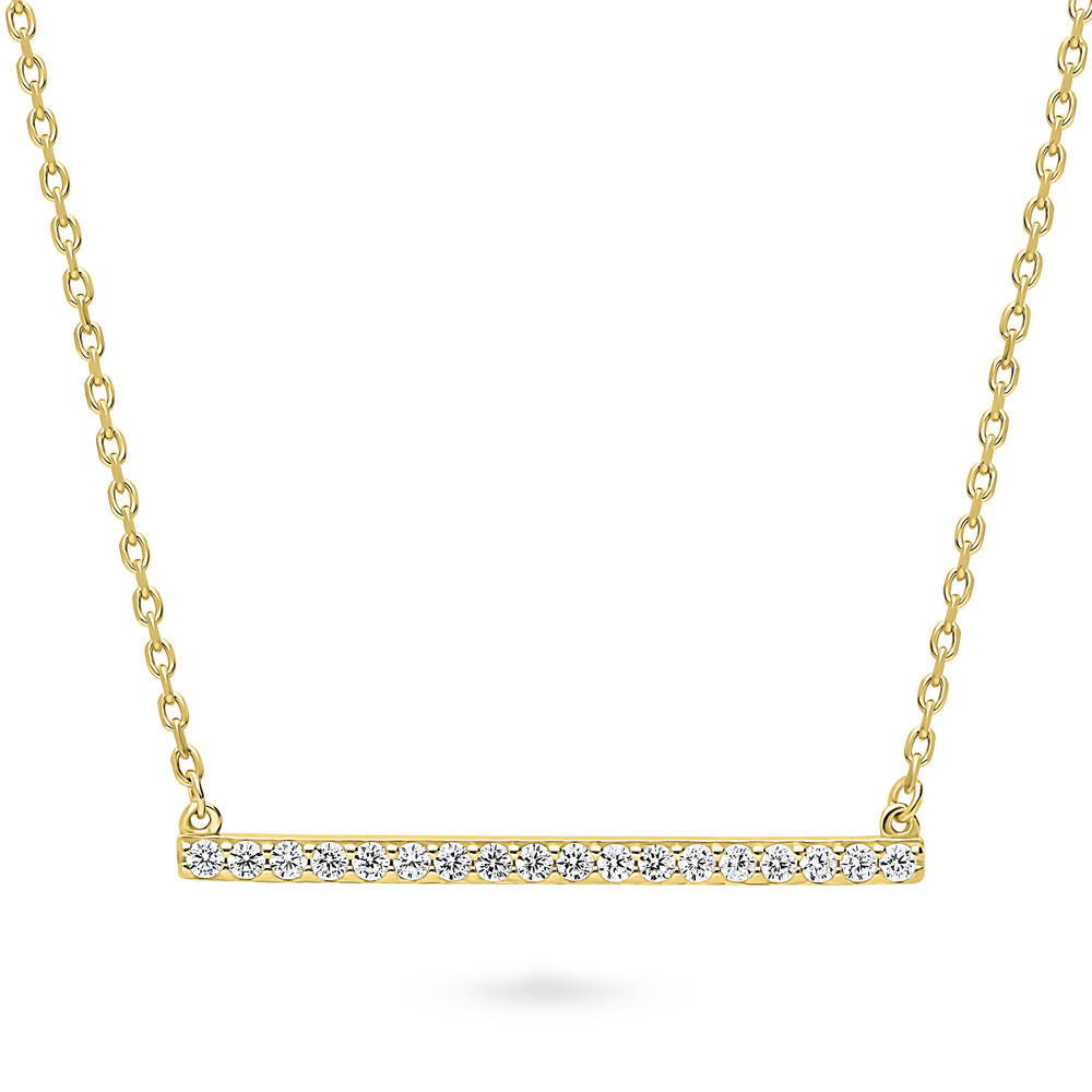 Bar CZ Pendant Necklace in Sterling Silver, Yellow Gold Flashed
