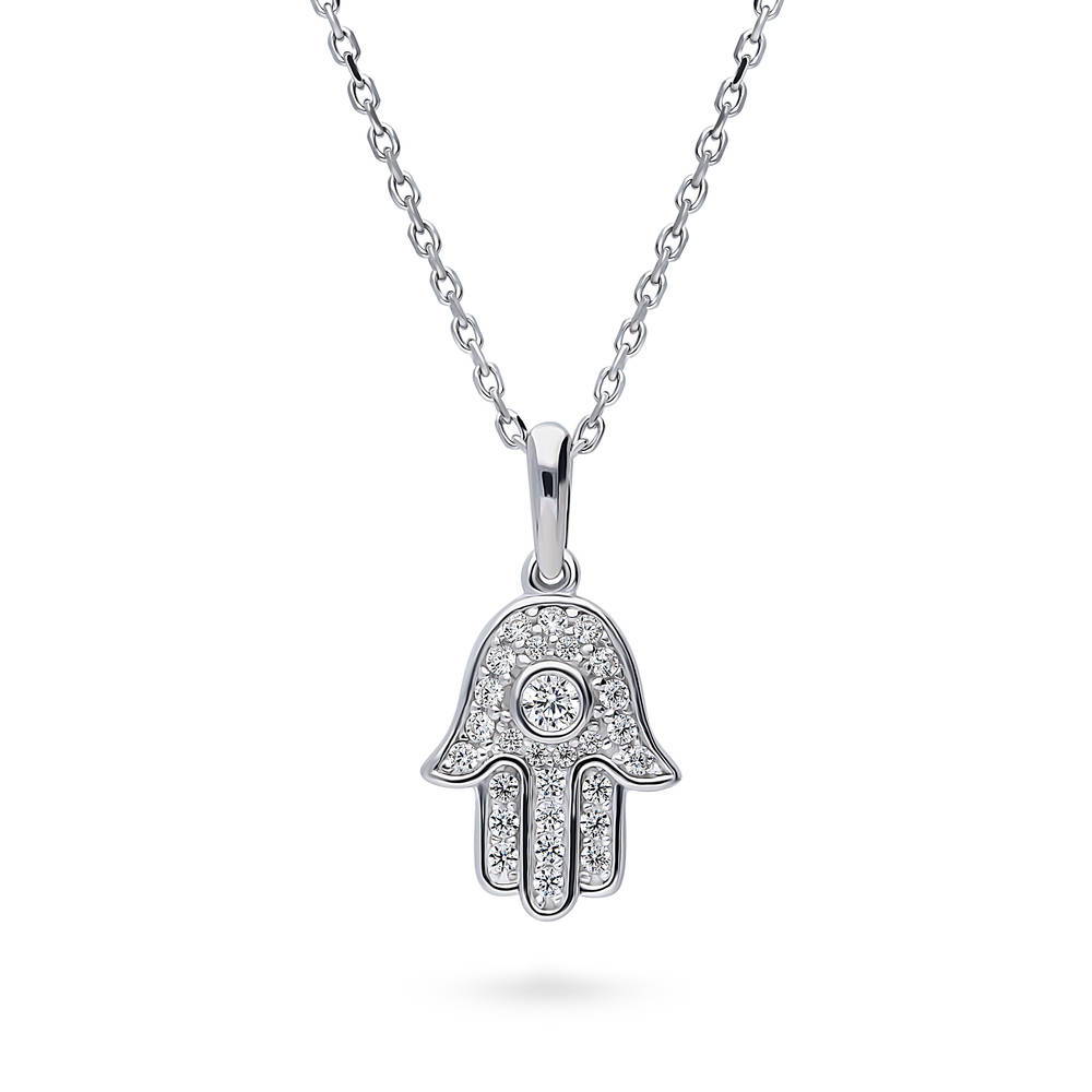 Sterling Silver Hamsa Hand Cubic Zirconia Pendant Necklace