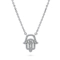 Hamsa Hand Evil Eye CZ Necklace in Sterling Silver, Rhodium Plated