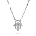 Front view of Hamsa Hand Evil Eye CZ Necklace in Sterling Silver, Rhodium Plated