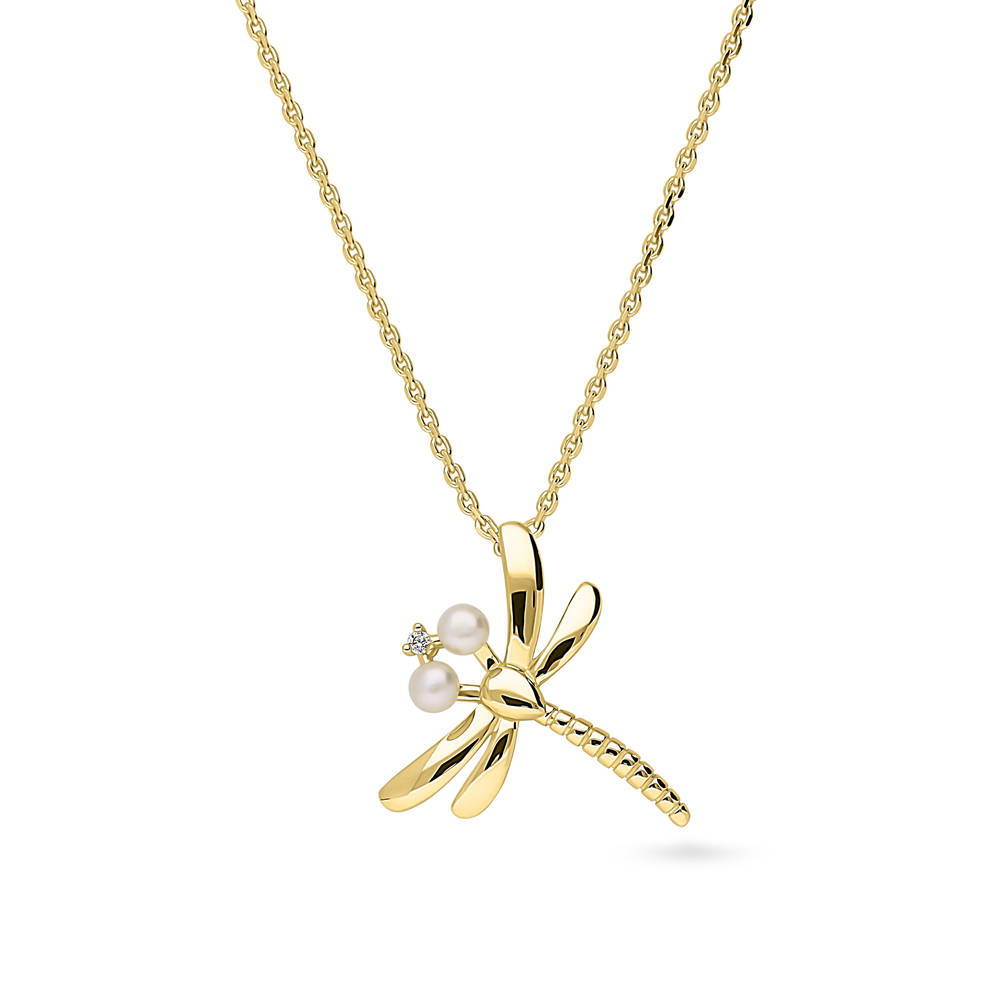 Dragonfly Button Cultured Pearl Necklace in Sterling Silver