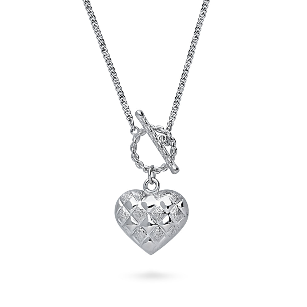 Angle view of Heart Checkerboard Toggle Pendant Necklace, Rhodium Plated
