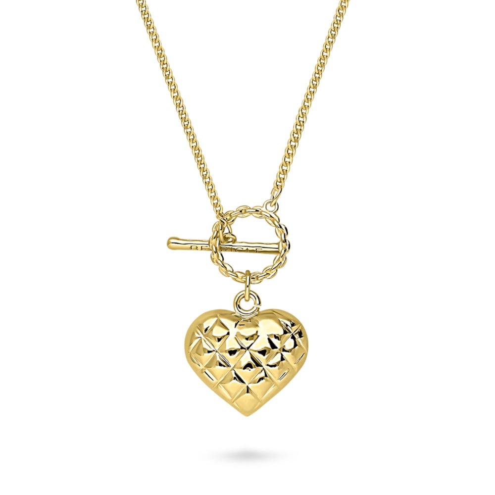 Front view of Heart Checkerboard Toggle Pendant Necklace, Yellow Gold Flashed
