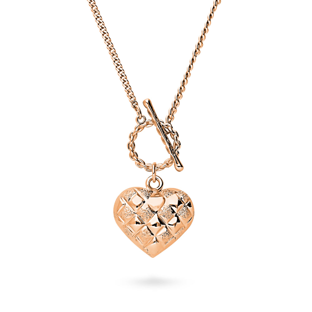 Heart Checkerboard Toggle Pendant Necklace, Rose Gold Flashed