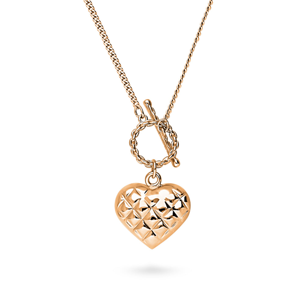 Front view of Heart Checkerboard Toggle Pendant Necklace, Rose Gold Flashed