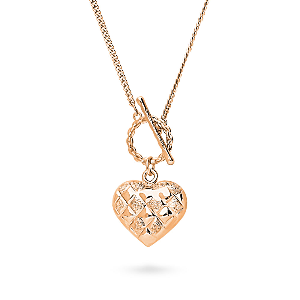 Angle view of Heart Checkerboard Toggle Pendant Necklace, Rose Gold Flashed