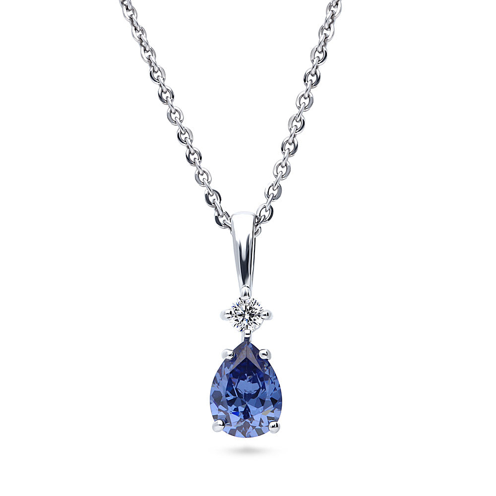 Solitaire 1ct Pear CZ Necklace in Sterling Silver, Tanzanite Color