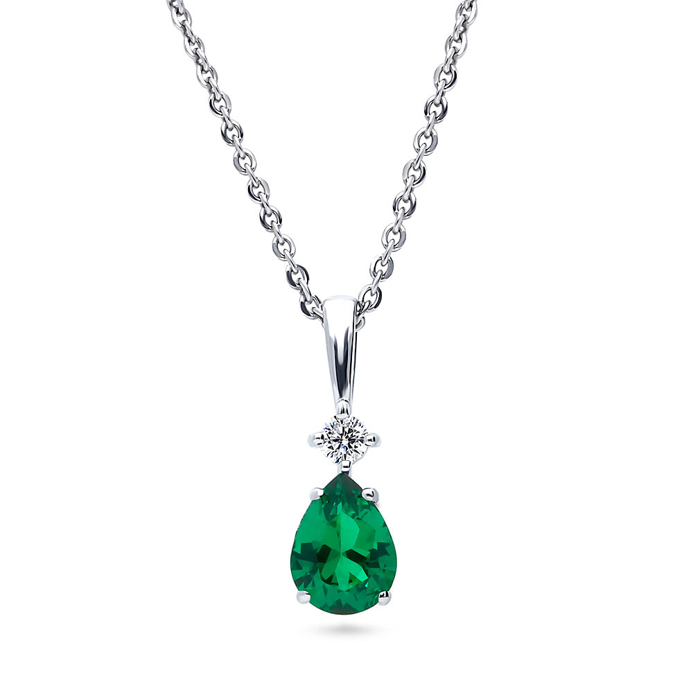 Solitaire 1ct Pear CZ Necklace in Sterling Silver, Green Color