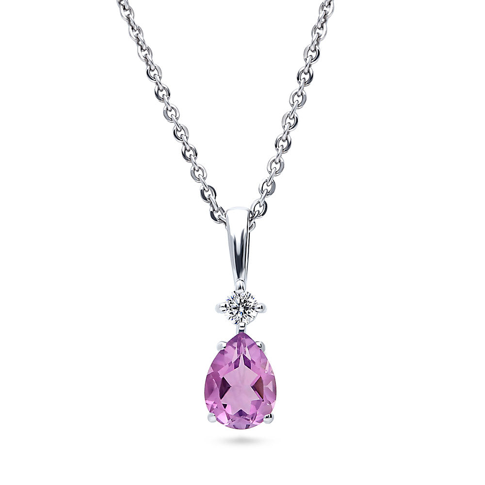 Solitaire 1ct Pear CZ Necklace in Sterling Silver, Purple Color