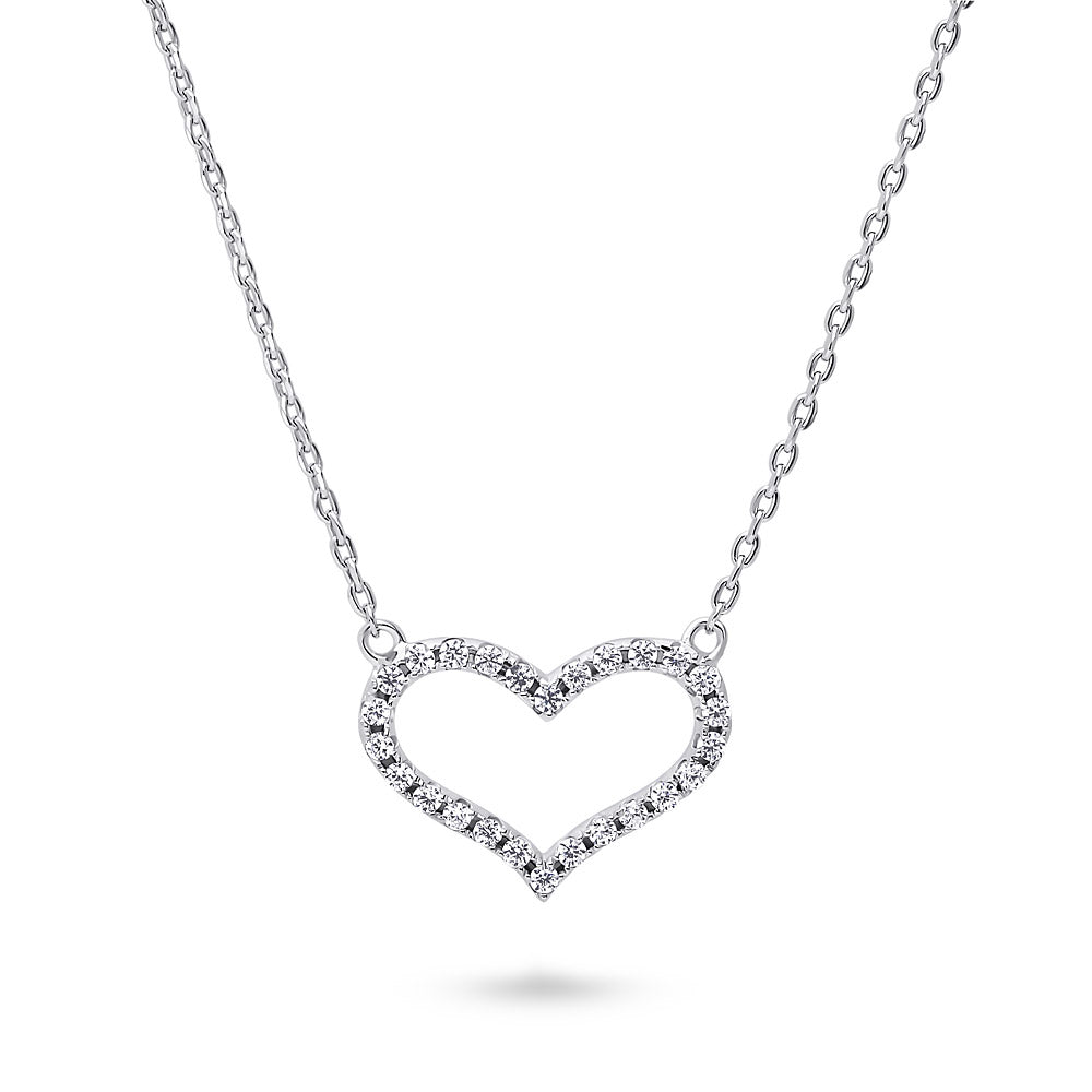 Open Heart CZ Necklace in Sterling Silver, Rhodium Plated