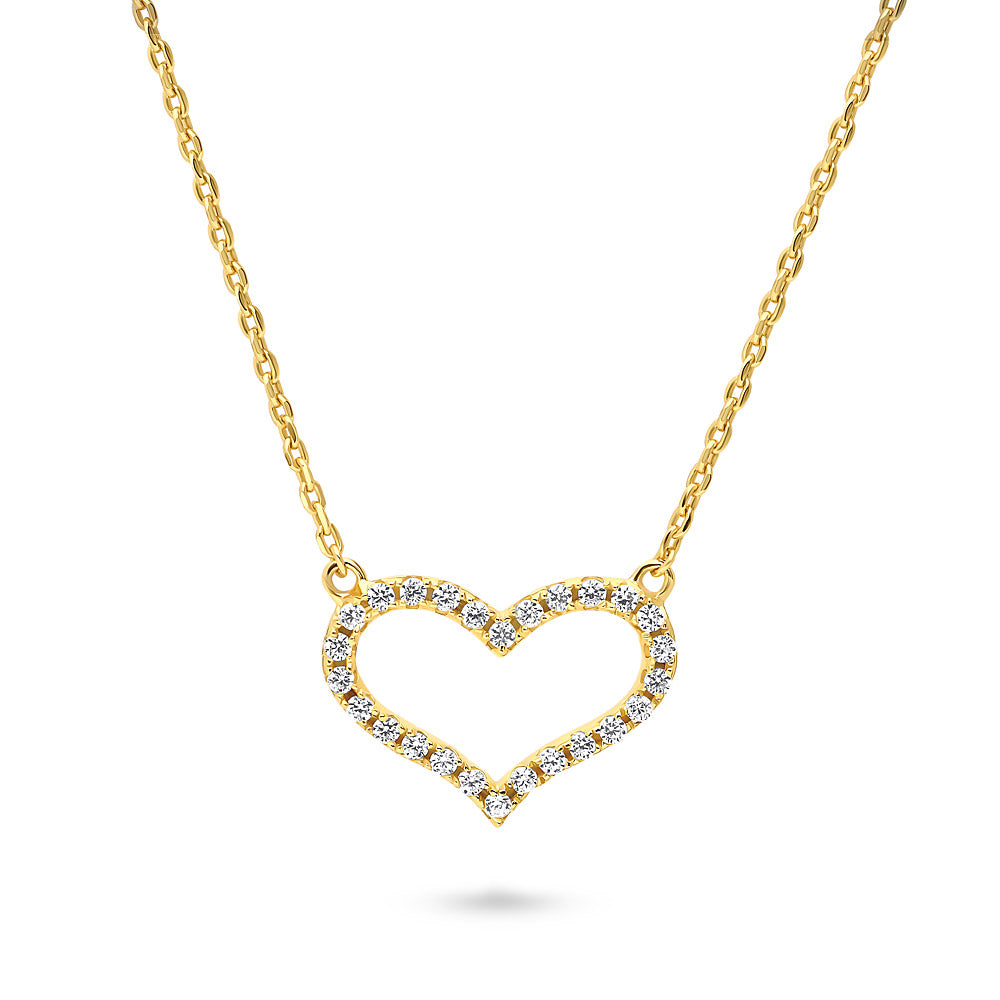 Open Heart CZ Necklace in Sterling Silver, Yellow Gold Flashed