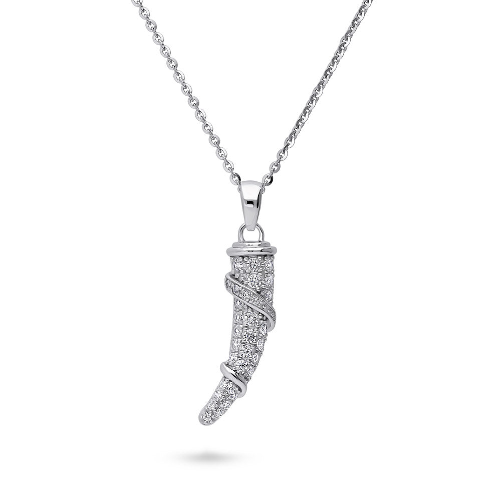 Horn CZ Pendant Necklace in Sterling Silver, Rhodium Plated