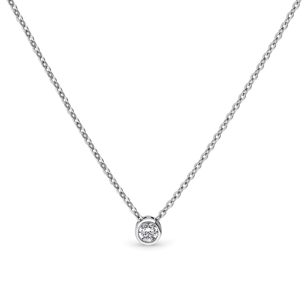 Solitaire Bezel CZ Necklace in Sterling Silver, Rhodium Plated