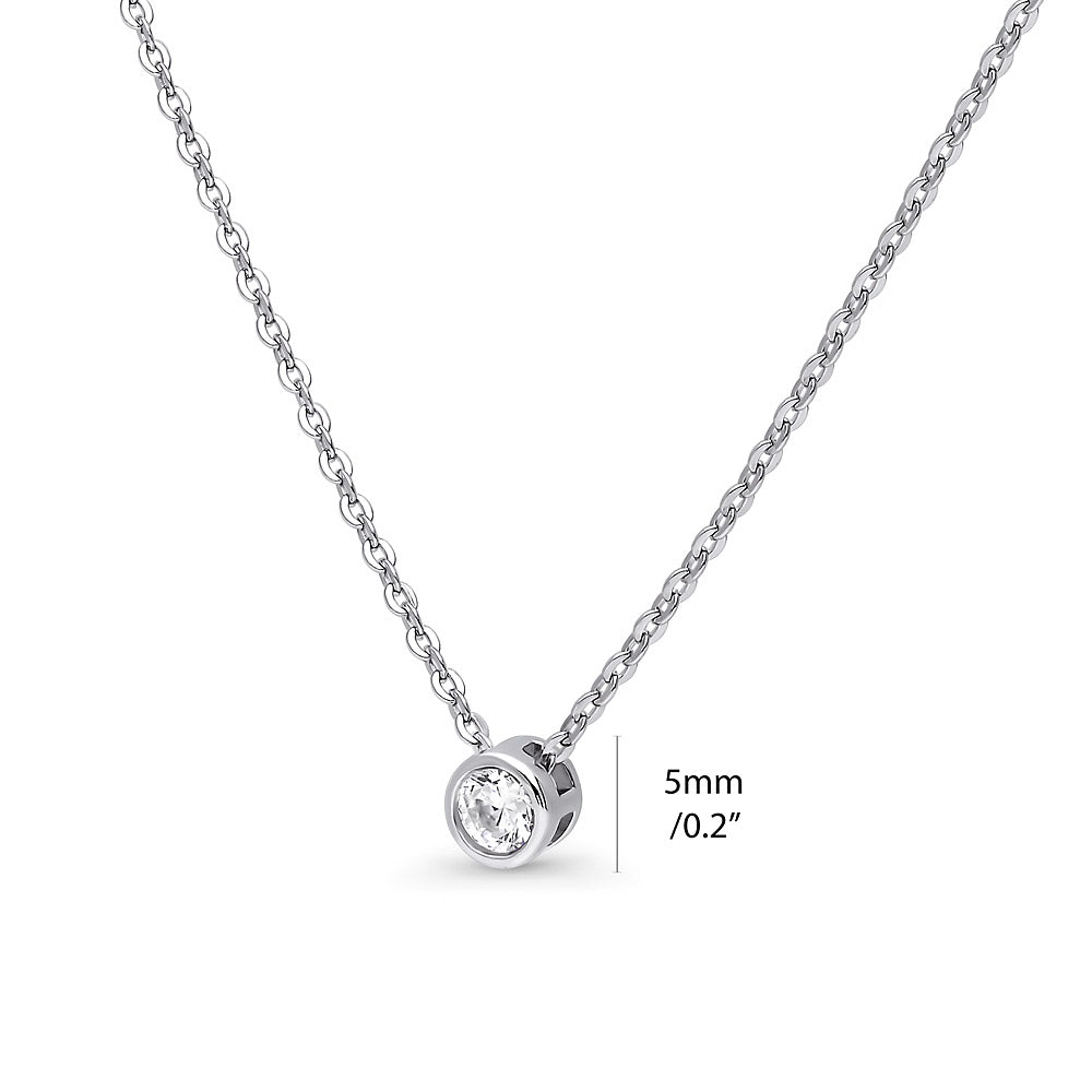 Front view of Solitaire Bezel CZ Necklace in Sterling Silver, Rhodium Plated