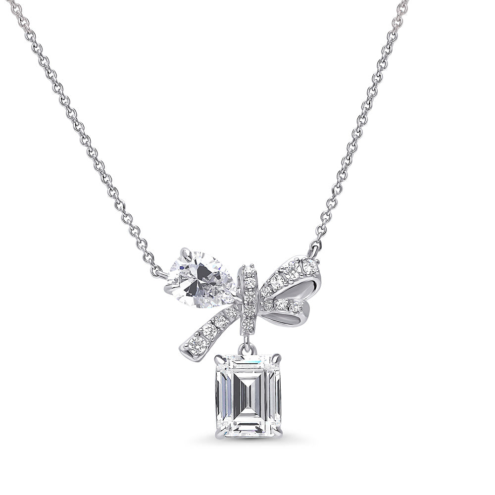 Sterling Silver Bow Tie Ribbon CZ Necklace and Earrings Set
