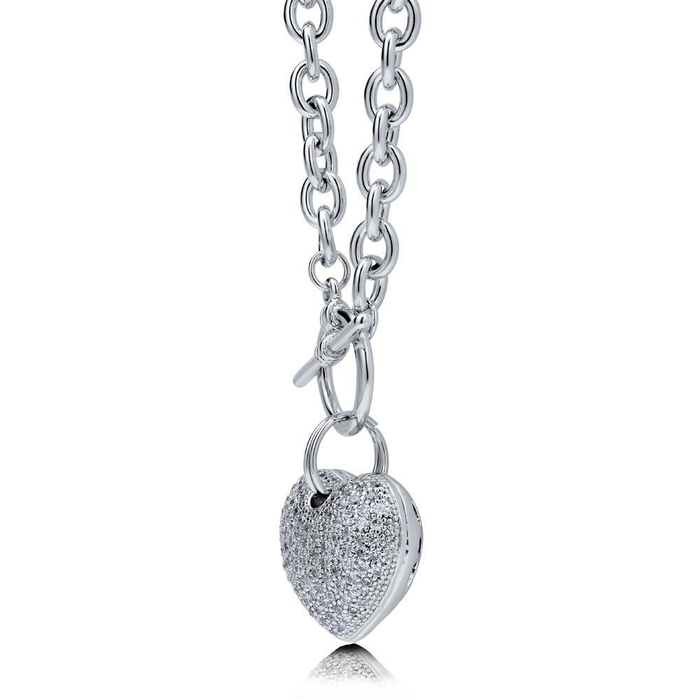 Front view of Heart CZ Toggle Necklace, Silver-Tone / 18 Inch