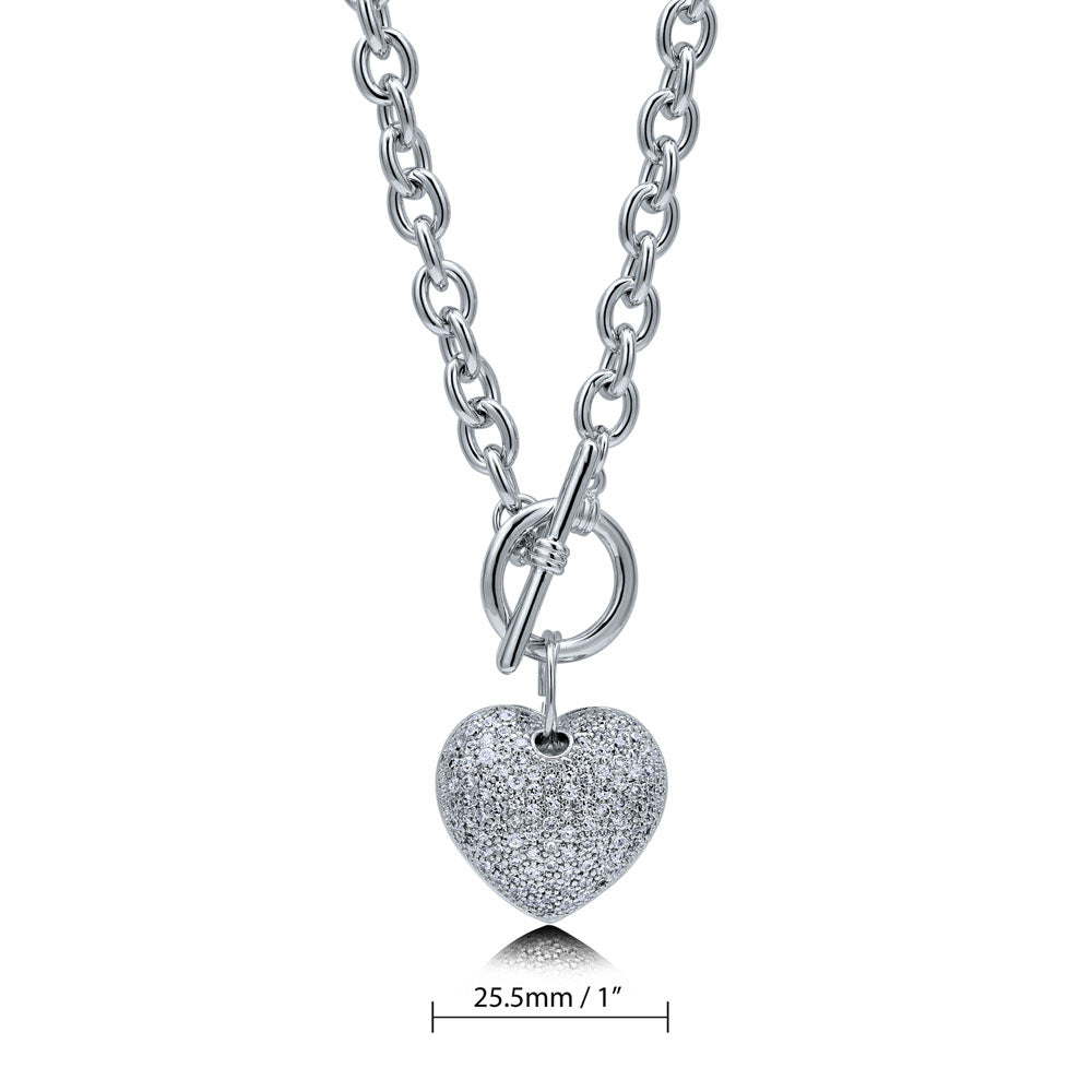 Angle view of Heart CZ Toggle Necklace, Silver-Tone / 18 Inch