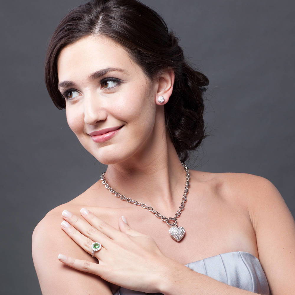 Alternate view of Heart CZ Toggle Necklace, Silver-Tone / 18 Inch