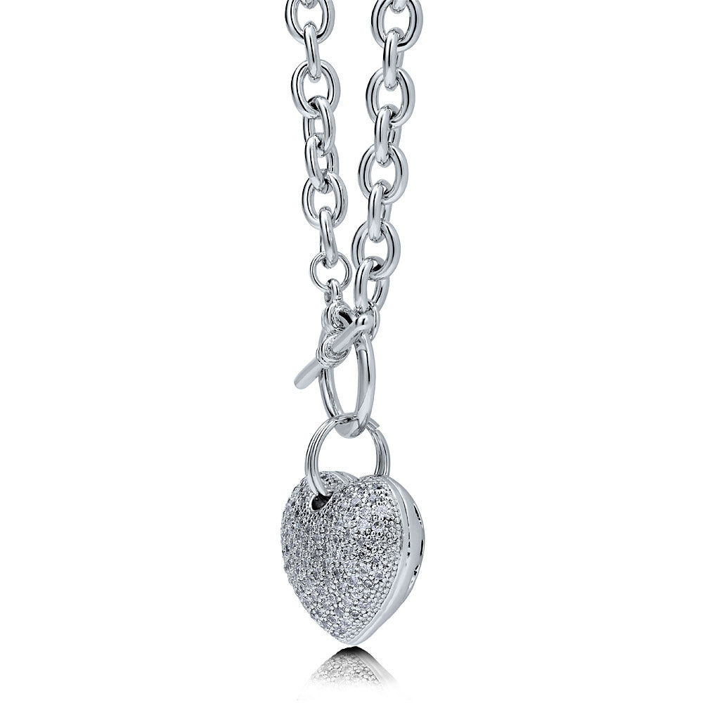 Front view of Heart CZ Toggle Necklace, Silver-Tone / 20 Inch