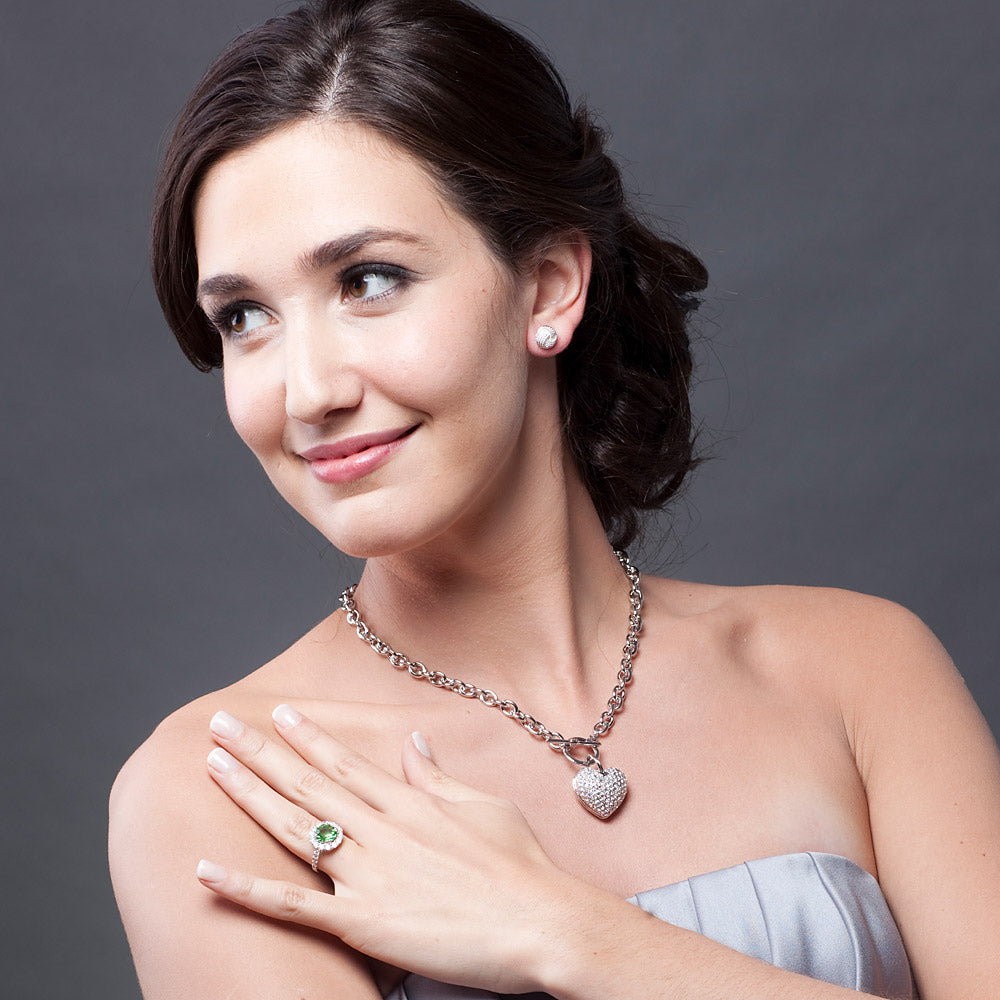Alternate view of Heart CZ Toggle Necklace, Silver-Tone / 20 Inch