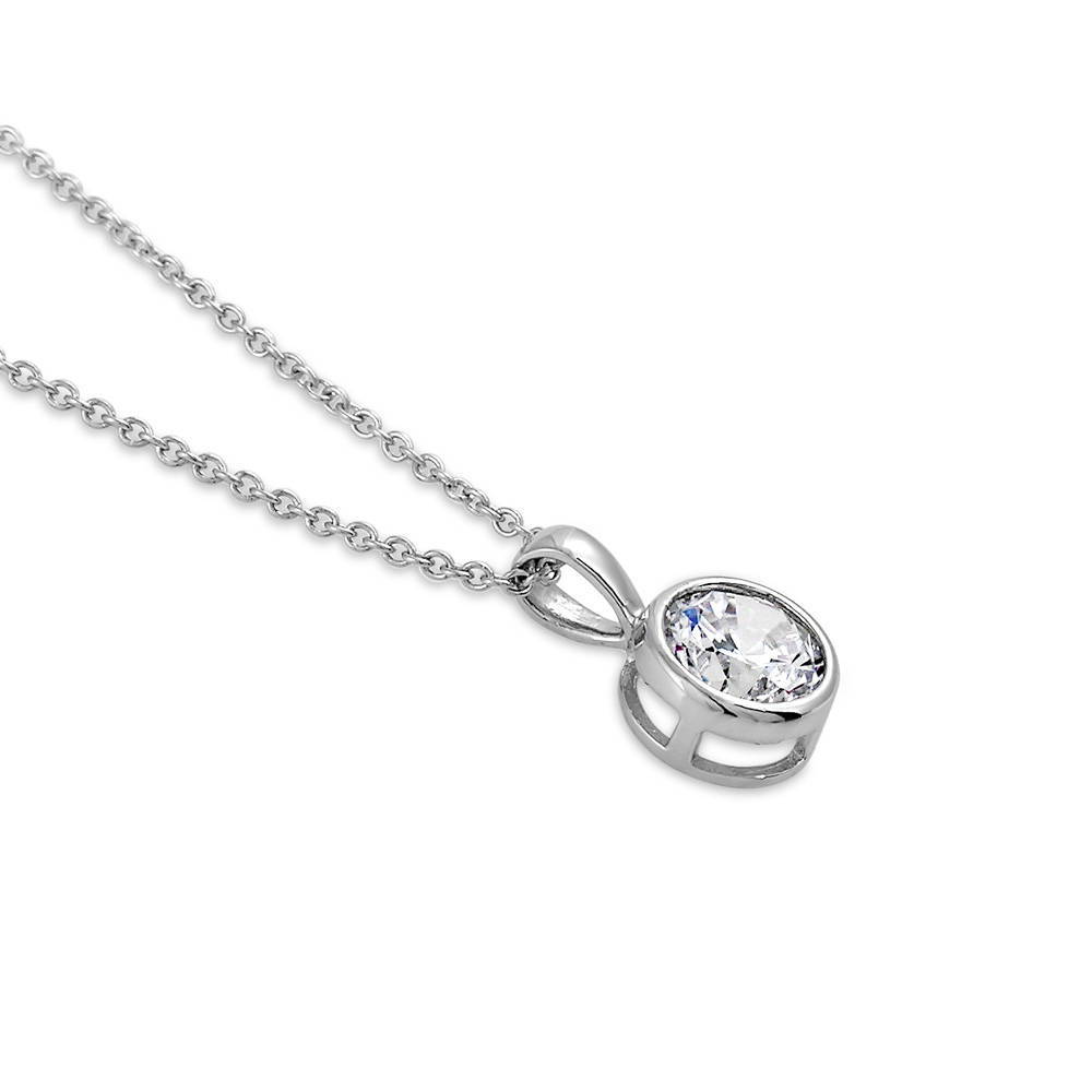 Front view of Solitaire 1.25ct Bezel CZ Necklace in Sterling Silver, Rhodium Plated