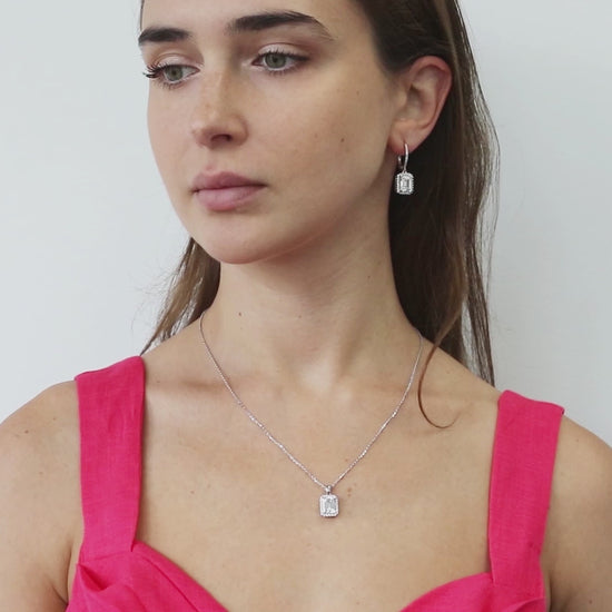 Video Contains Halo Emerald Cut CZ Necklace and Earrings Set in Sterling Silver. Style Number VS490-01