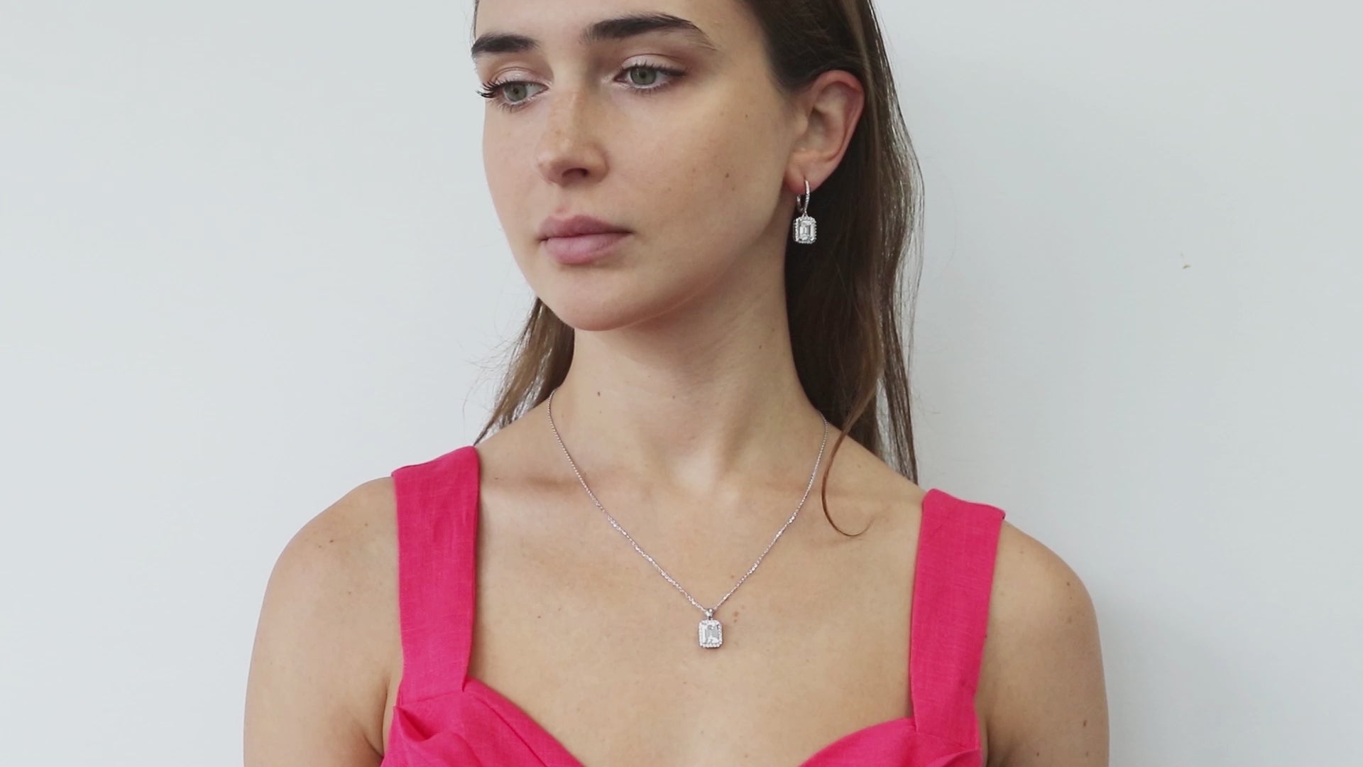 Video Contains Halo Emerald Cut CZ Necklace and Earrings Set in Sterling Silver. Style Number VS490-01
