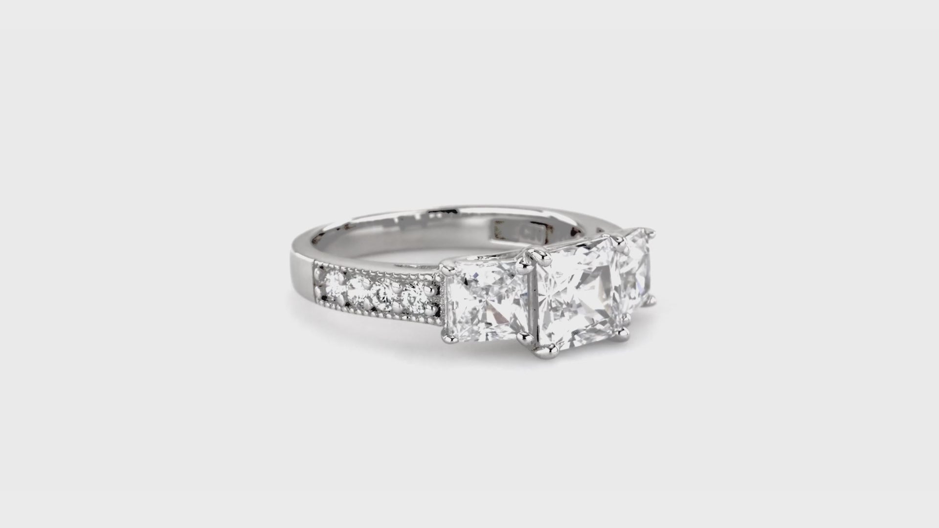 Video Contains 3-Stone Princess CZ Ring in Sterling Silver. Style Number R813-01
