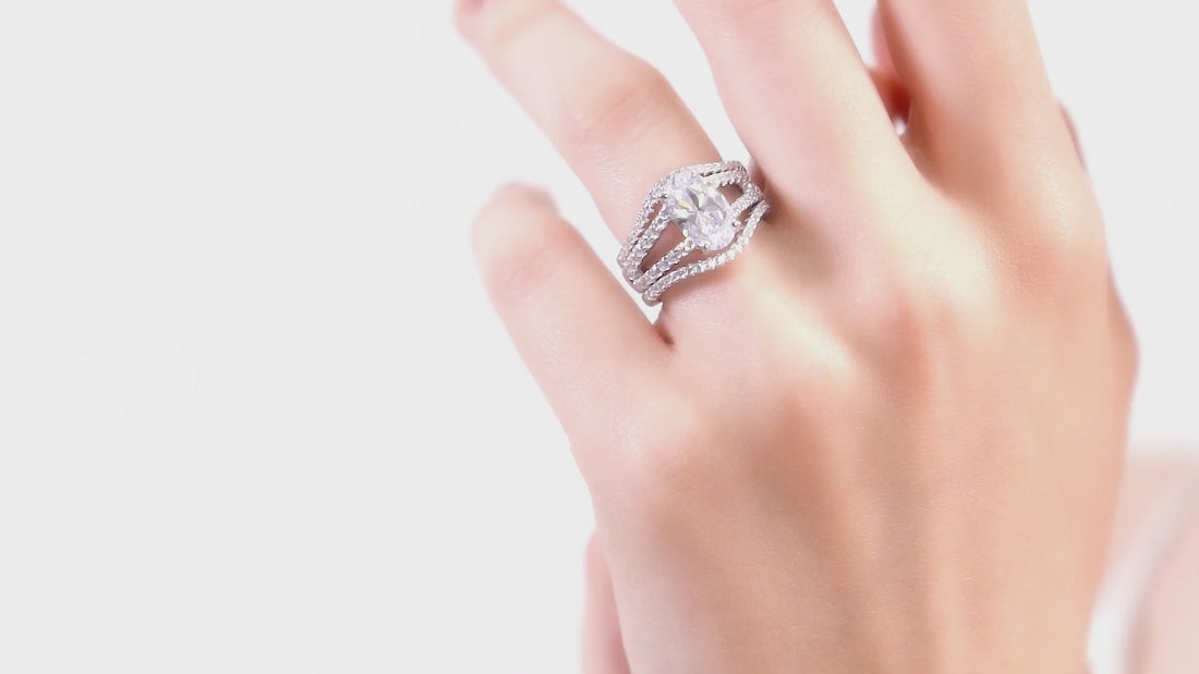 Solitaire with Side Stones Split Shank Ring, Wishbone Curved Half Eternity Ring