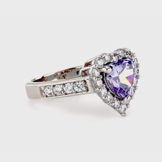 Video Contains Halo Purple Heart CZ Ring in Sterling Silver. Style Number R976-06