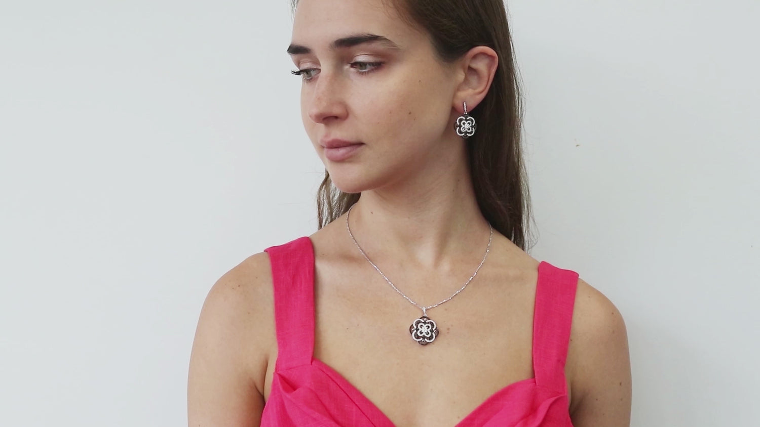 Flower Black and White CZ Necklace in Sterling Silver, 3 of 7