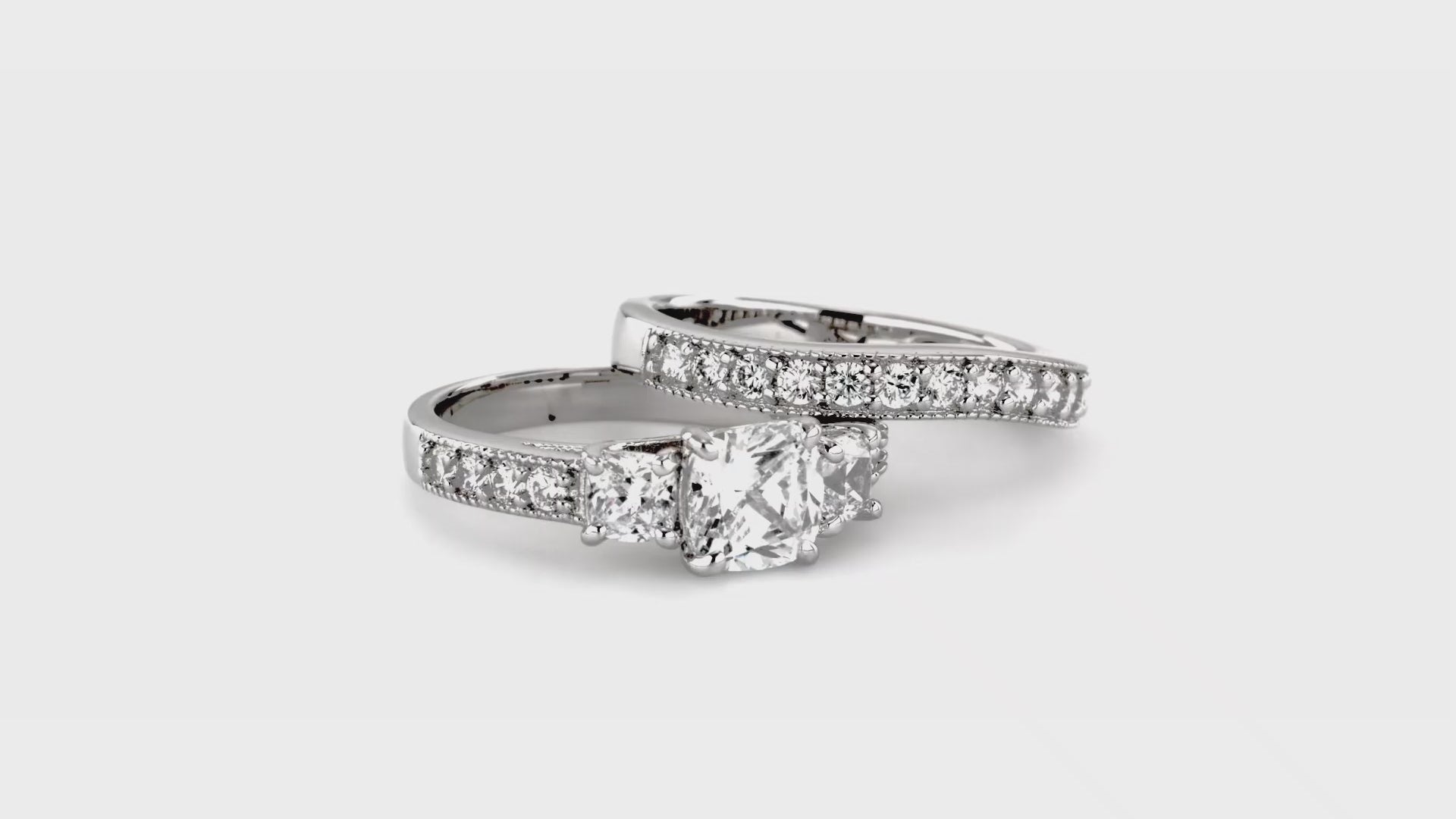 Video Contains 3-Stone Cushion CZ Ring Set in Sterling Silver. Style Number VR314-01