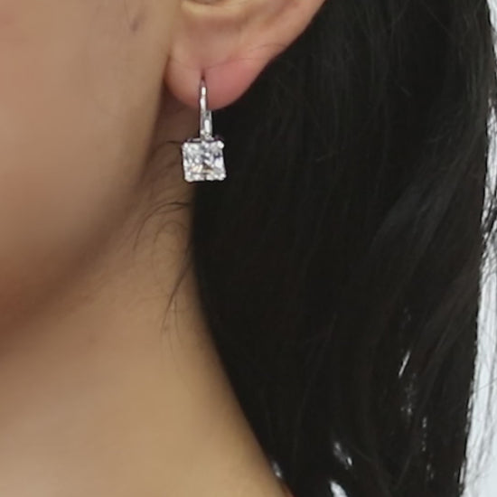Video Contains Solitaire 4ct Princess CZ Leverback Dangle Earrings in Sterling Silver. Style Number E1250