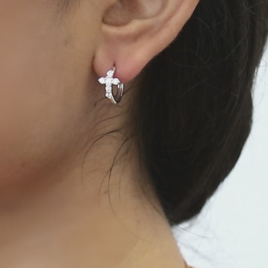 Video Contains Cross CZ Small Huggie Earrings in Sterling Silver 0.5". Style Number E1359