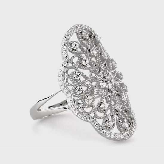 Video Contains Flower Navette CZ Statement Ring in Sterling Silver. Style Number R1262-01