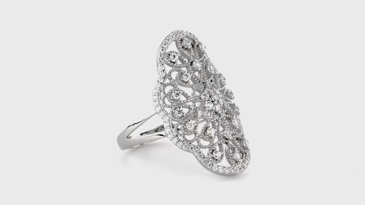 Flower Navette Art Deco Filigree CZ Ring in Sterling Silver, 3 of 9
