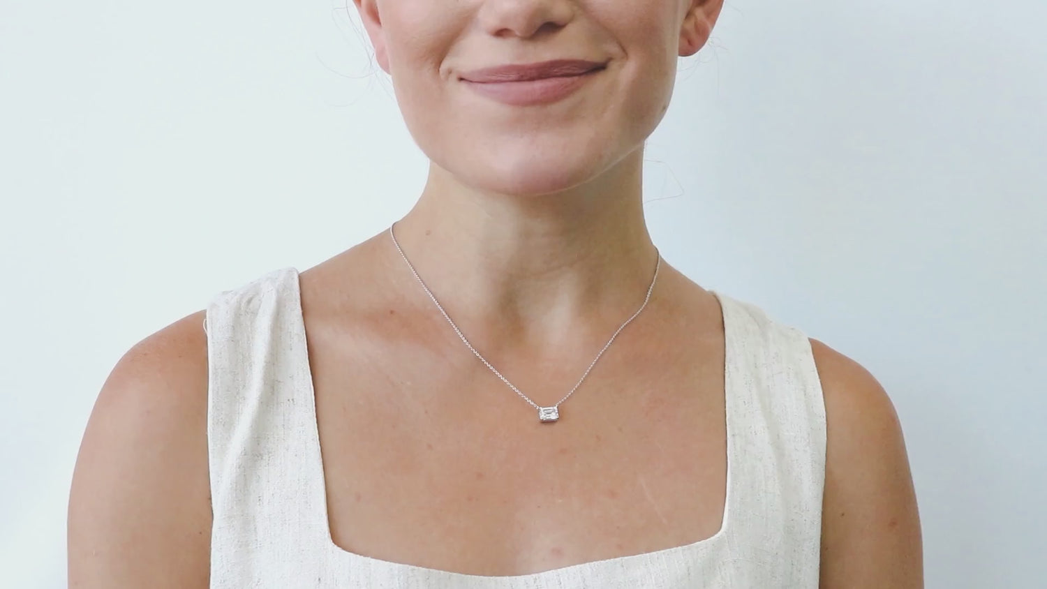 Solitaire East-West Emerald Cut CZ Necklace in Sterling Silver