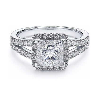 Halo Princess CZ Split Shank Ring in Sterling Silver