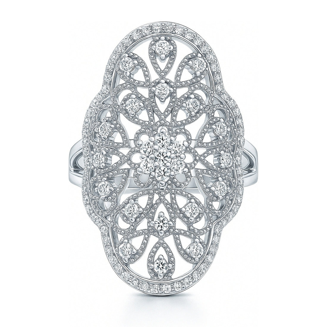 Flower Navette Art Deco Filigree CZ Ring in Sterling Silver