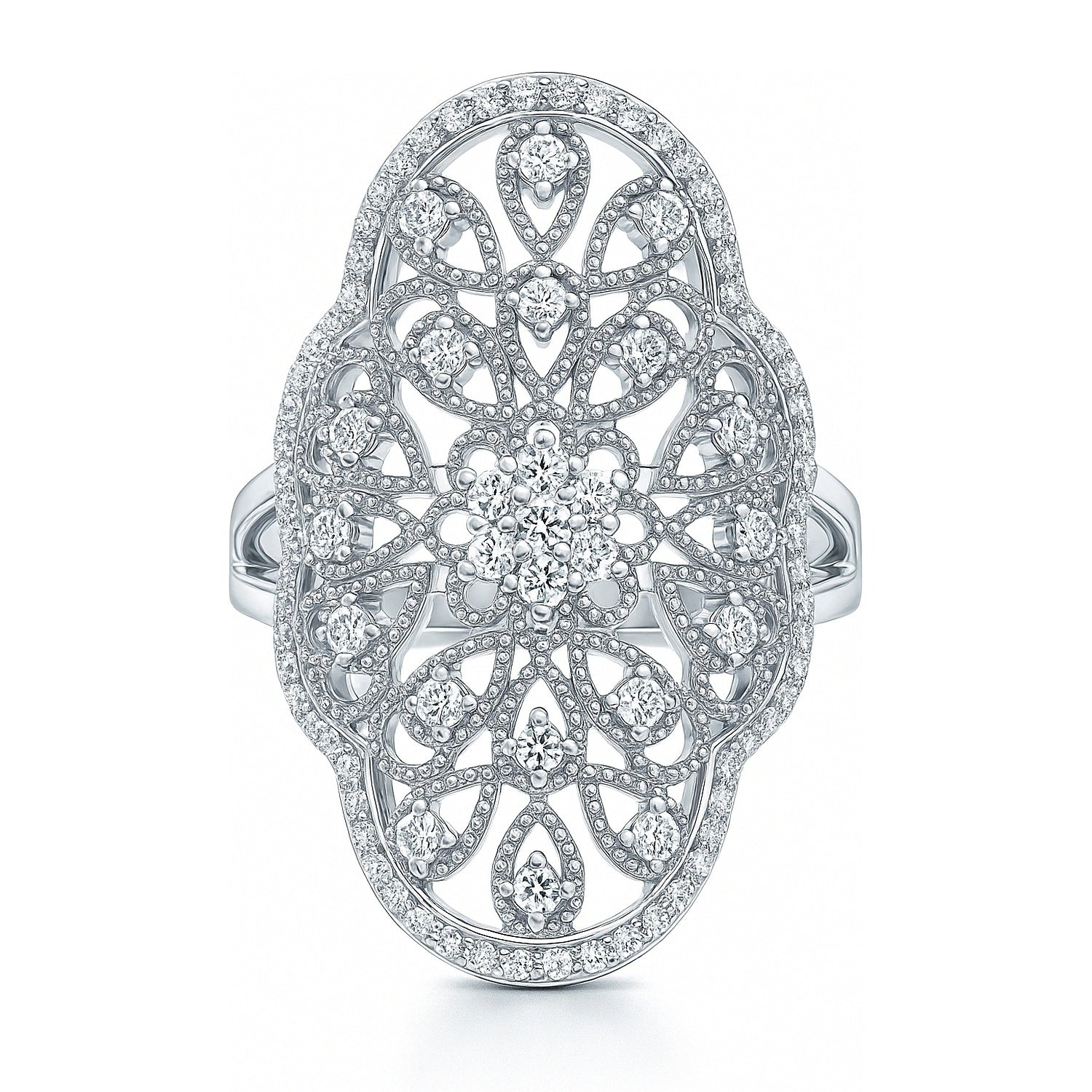 Flower Navette Art Deco Filigree CZ Ring in Sterling Silver