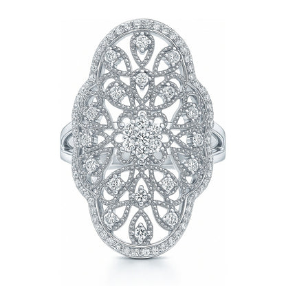 Flower Navette Art Deco Filigree CZ Ring in Sterling Silver