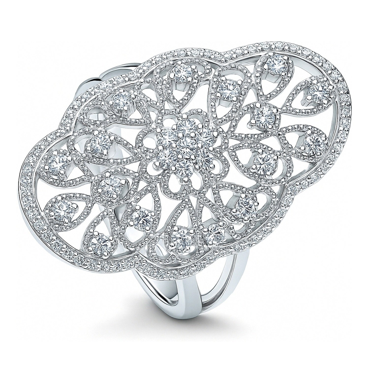 Flower Navette Art Deco Filigree CZ Ring in Sterling Silver