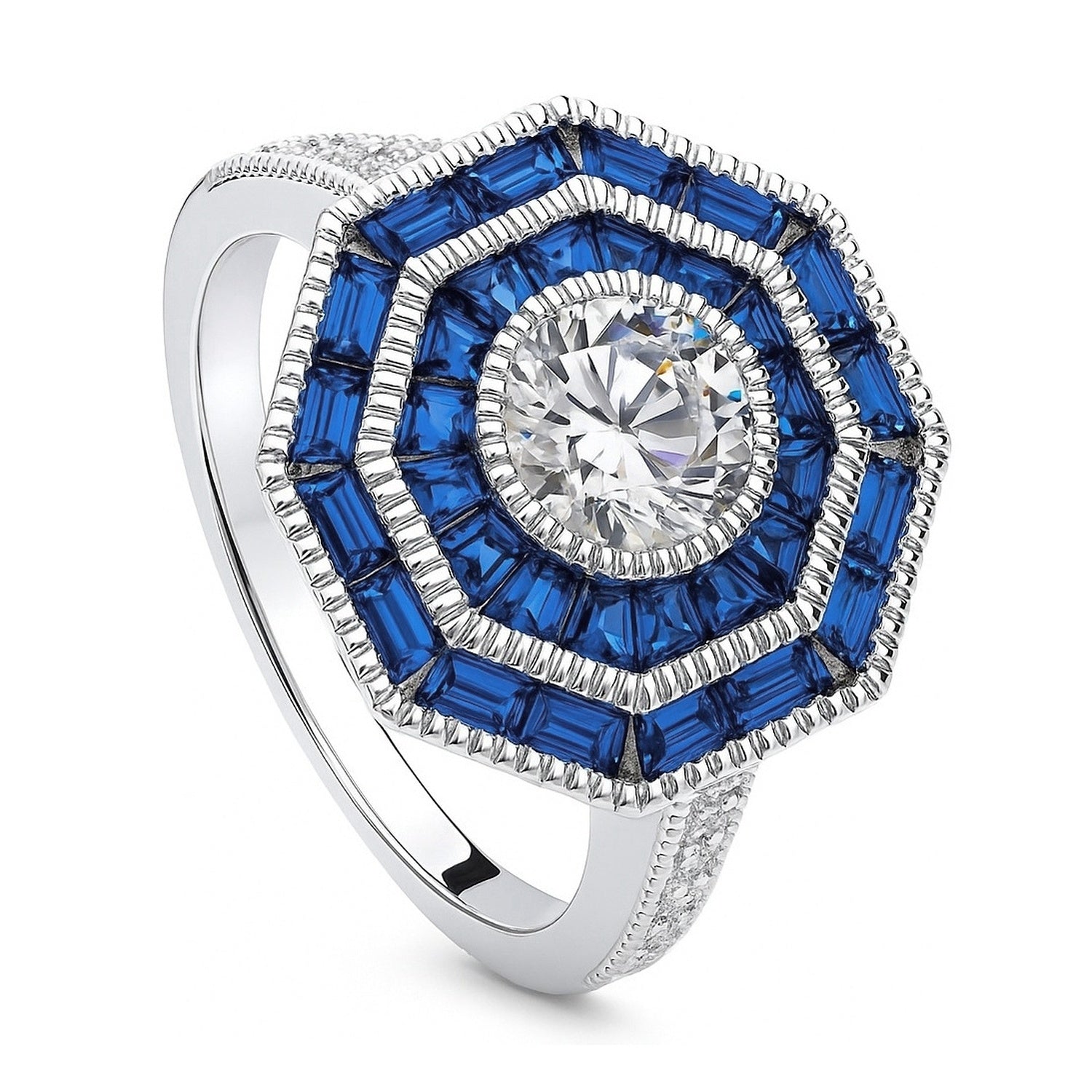 Halo Art Deco Milgrain CZ Ring in Sterling Silver