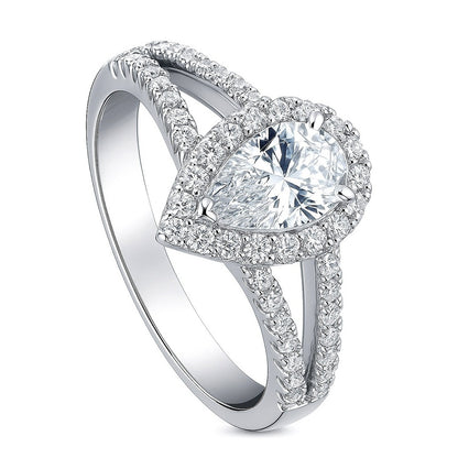 Halo Pear CZ Split Shank Ring in Sterling Silver