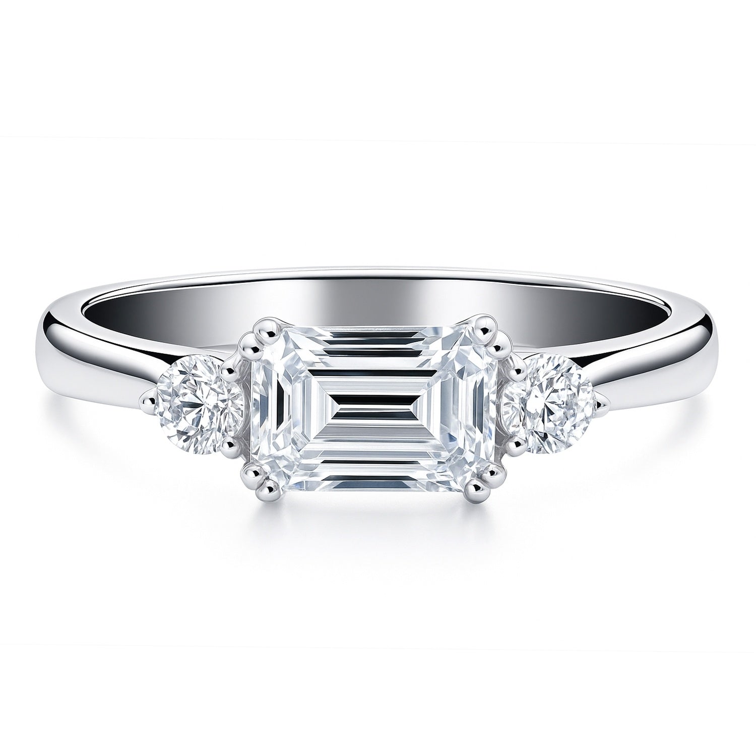 3-Stone East-West 1ct Emerald Cut CZ Ring in Sterling Silver, 1 of 8