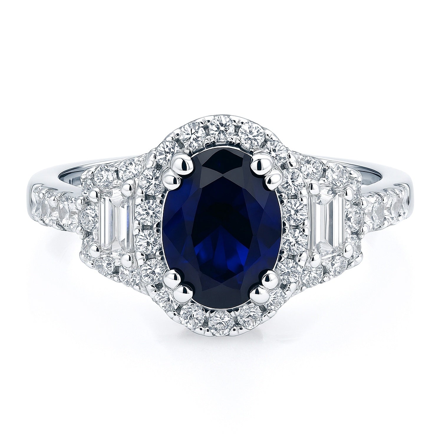 3-Stone Halo Art Deco Sapphire-Blue CZ Ring in Sterling Silver, 1 of 10