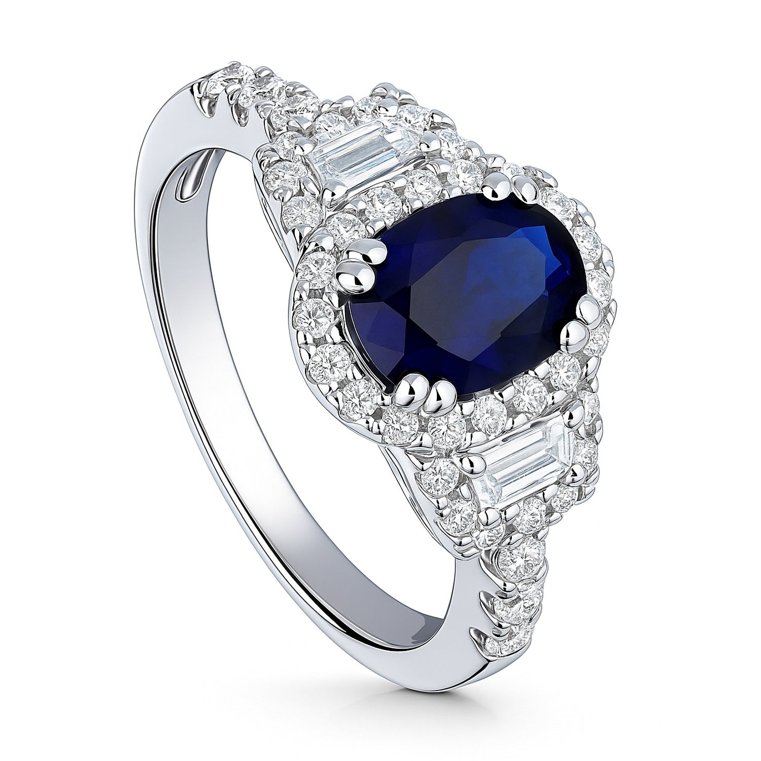 3-Stone Halo Art Deco Sapphire-Blue CZ Ring in Sterling Silver, 4 of 10