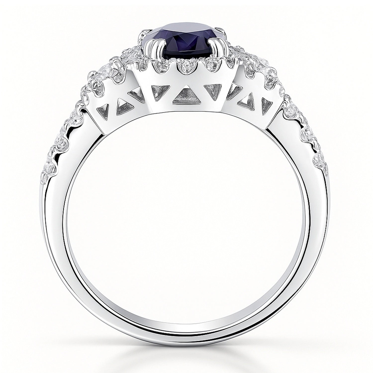 3-Stone Halo Art Deco Sapphire-Blue CZ Ring in Sterling Silver