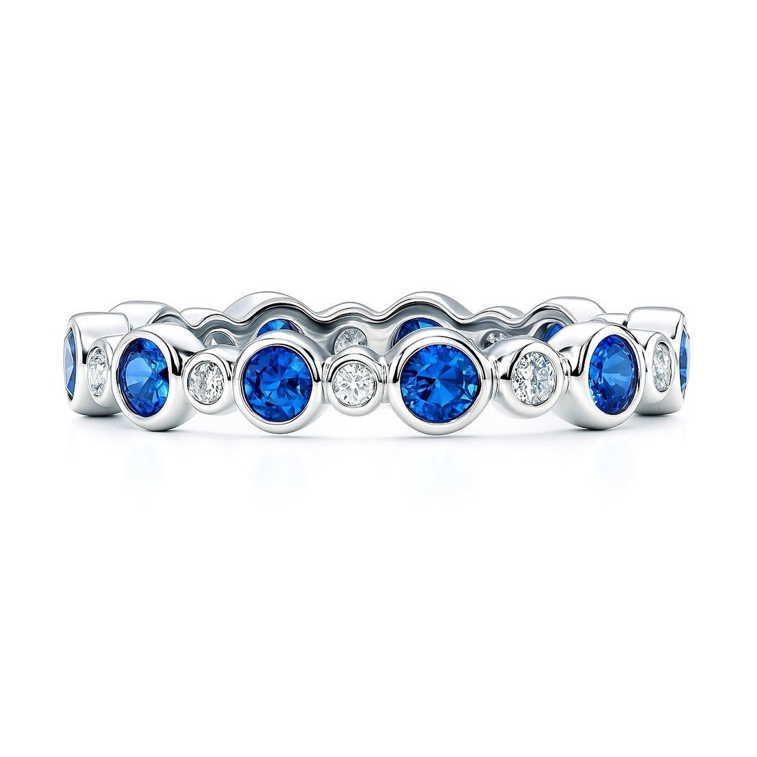 Bubble Sapphire-Blue Bezel CZ Eternity Ring in Sterling Silver