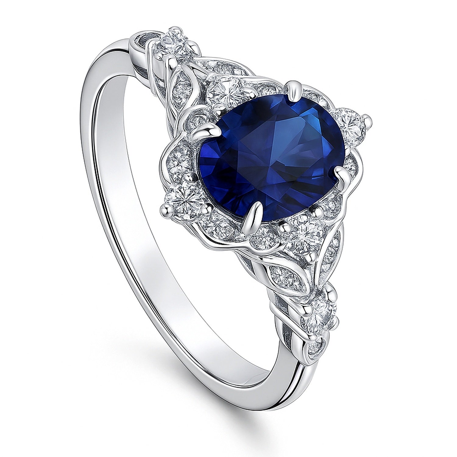 Halo Art Deco Sapphire-Blue Oval CZ Ring in Sterling Silver, 2 of 18
